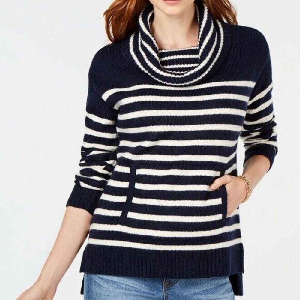 Charter Club Womens Nautical Sweater XS Cowl Neck Navy Cream Striped Pullover